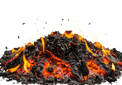 burning hot charcoal embers with glowing orange flames for barbecue grilling background on black isolated backdrop
