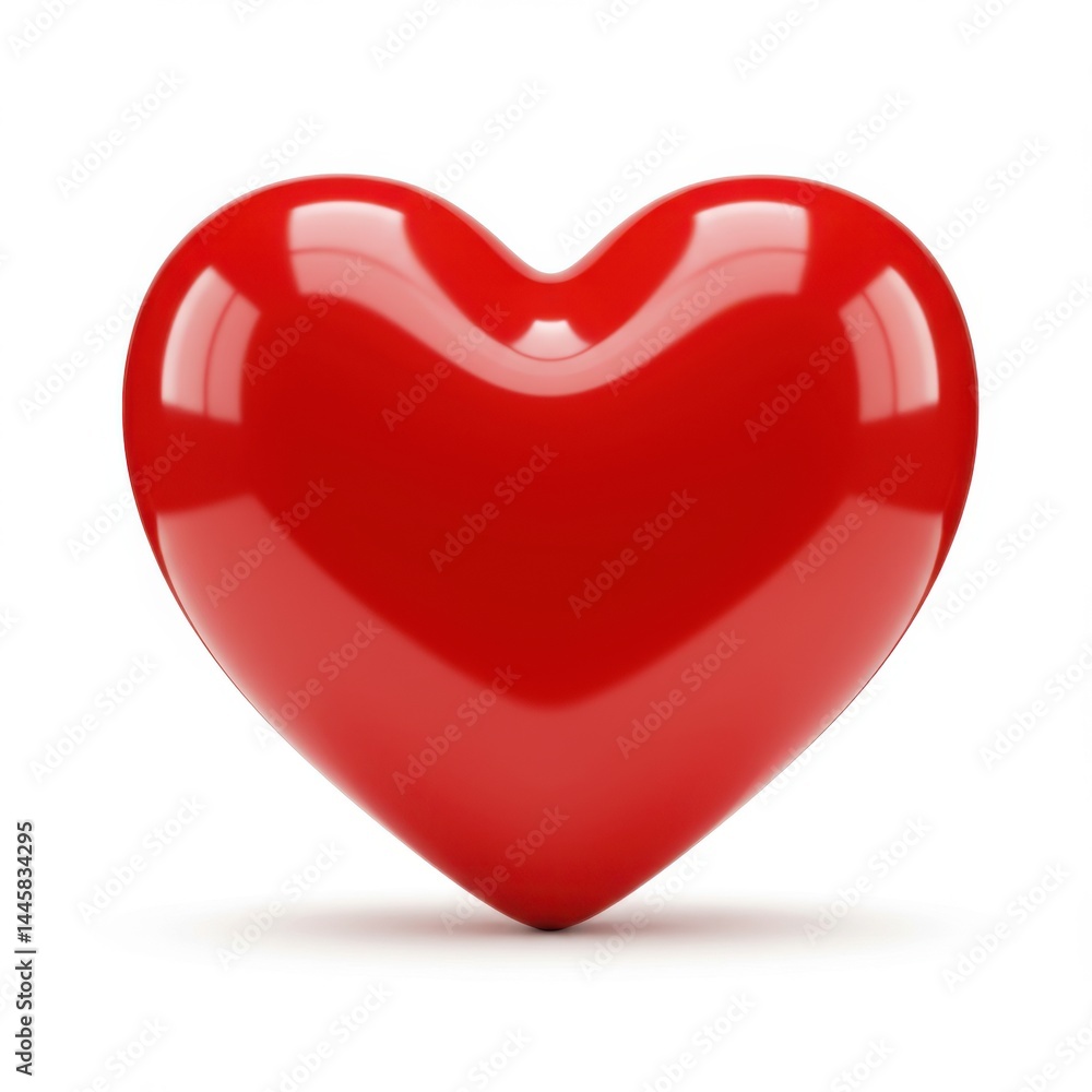 Poster a single red heart shape with a glossy texture set against a plain white background in a studio shot
