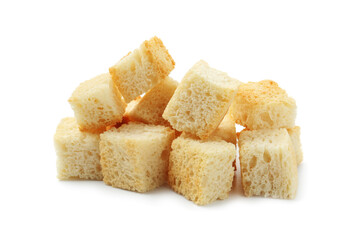 Pile of tasty crispy croutons isolated on white