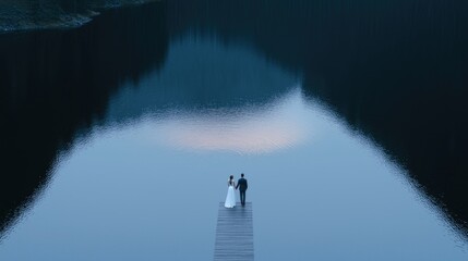 Couple stands on a pier, reflecting in a serene lake