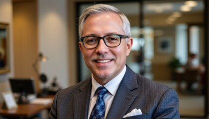 Naklejka premium The mature businessman exudes confidence as he stands in his office, wearing stylish glasses and a sharp, tailored suit
