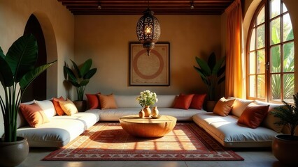 Serene Living Room Design with Low Seating, Earthy Tones, and Natural Light