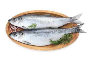 Salted herrings, onion and dill on white background, top view