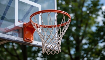 The basketball hoop is a metal ring with a net attached, mounted to a backboard that is typically made of transparent or opaque fiberglass