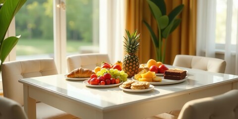 A sunlit table set with pastries, fruit, and cake, inviting a relaxing breakfast or brunch experience