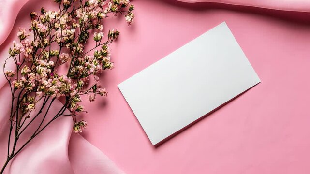 Delicate flowers accompany a blank card set on pink fabric, creating a calming atmosphere ideal for personal notes or invitations