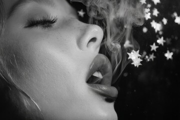 Captivating black and white portrait of a woman exhaling smoke with star-shaped bokeh.