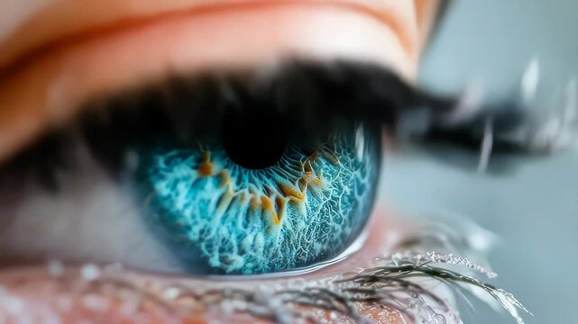 Close up image of a human eye highlighting iris detail and reflective patterns