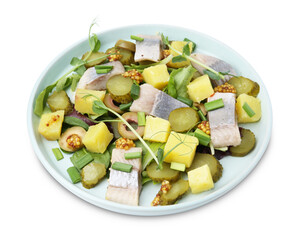 Delicious salad with herring isolated on white