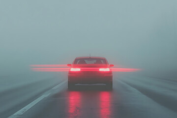 Car driving through heavy fog, headlights piercing the gloom. Atmospheric scene conveying danger, mystery, and limited visibility on a wet road.
