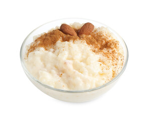 Delicious rice pudding with cinnamon and almonds in glass bowl isolated on white