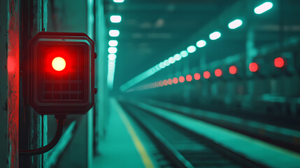A glowing red signal light at an empty, dimly-lit subway platform, creating a moody and futuristic atmosphere.