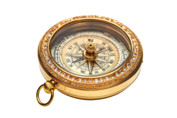 Exquisite Gold Compass Diamond Accents Precise Navigation Tool Gleaming White Background
