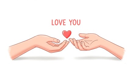 Illustration of two hands reaching for a heart with the words love you above it on white background