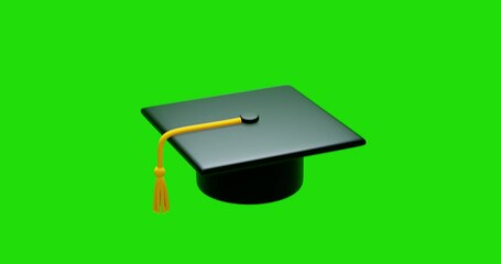 Graduation hat on green background. 3d render video.