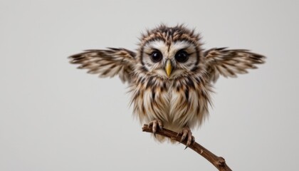 Obraz premium A fluffy baby owl with large round eyes, mottled brown and white feathers, and tiny talons is perched on a slender twig, its wings slightly outstretched as if balancing in the wind