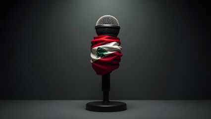 The Lebanon flag binds a microphone, a powerful image of stifled discourse. Dark, dramatic lighting underscores the struggle.