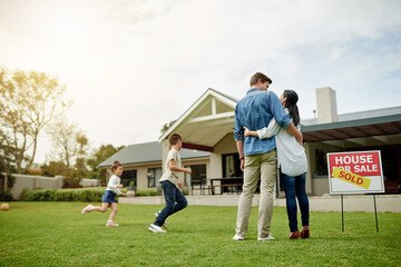 Purchase, real estate and new home for family, hug and milestone for homeowner with property and...