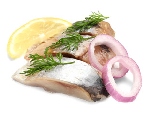 Pieces of delicious herring with onions, lemon slice and dill isolated on white