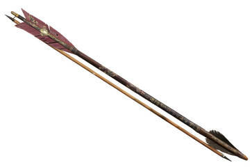 Antique arrow shows age, featuring feathered fletching. Shaft has wear and a dark tip