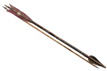 Antique arrow shows age, featuring feathered fletching. Shaft has wear and a dark tip