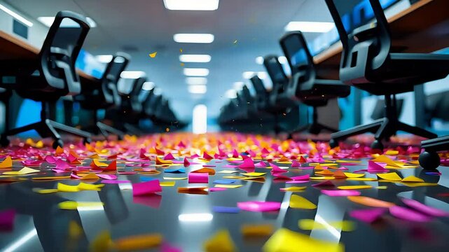 Empty modern office interior with scattered colorful sticky notes on the floor between rows of swivel chairs and long work desks

