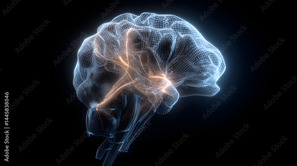 Poster brain: illuminated illustration of the human brain, showcasing intricate neural pathways and inner w