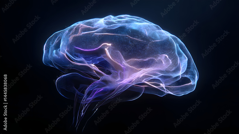 Poster brain structure in depth: a detailed depiction of the human brain, with a luminescent and abstract r
