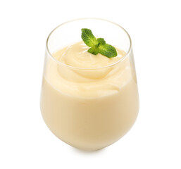 Tasty vanilla pudding with mint isolated on white