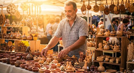 Man arranging handmade pottery at an outdoor market stall under a bright sunlit canopy display area