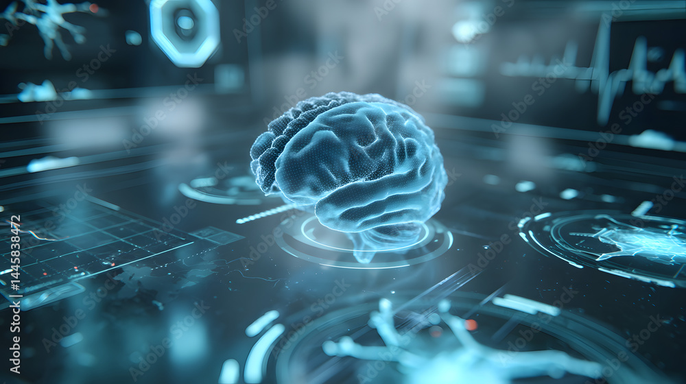 Aufkleber digital brain: illuminated rendition of a brain amidst high-tech interfaces, highlighting the nexus 