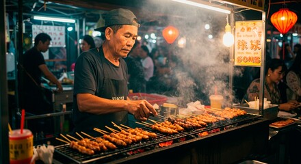 Man grilling satay skewers at a street food stall illuminated by lanterns and bright overhead lights