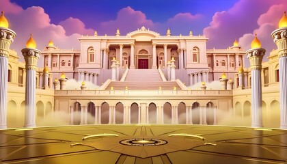 The majestic Temple of Olympus with burning torches at sunset