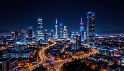 Fototapeta premium The striking image depicts a vibrant smart city illuminated against a dark blue backdrop