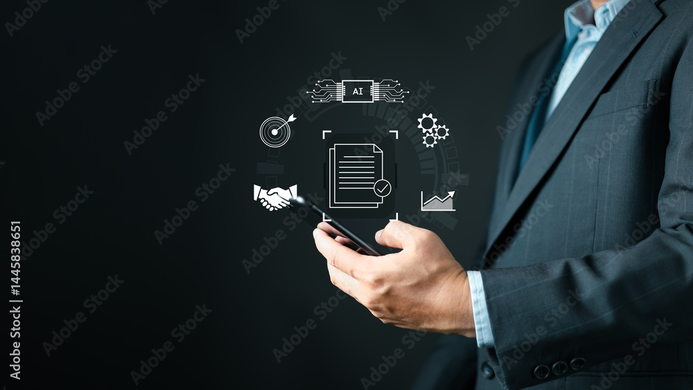 Poster businessman use smartphone while digital icons representing ai, analytics, document, and productivit