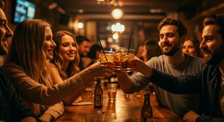 Group of friends toasting drinks together at a bar with warm lighting and a wooden counter surface