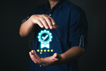 A person in a dark blue shirt presents a glowing certificate icon with a checkmark and five stars, symbolizing quality assurance and trust in digital standards, service, or performance.