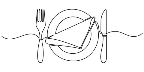 Continuous one line drawing of fork, plate, knife and spoon. Single line drawing illustration Cutlery set. One line art, A simple drawing. Hotel and Restaurant concept vector art. Editable stroke. 
