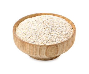 Superfood product. Oat powder in bowl isolated on white