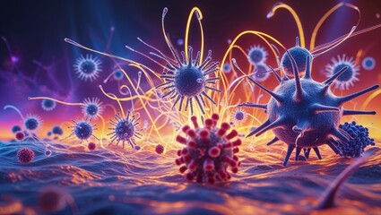 Microscopic view of viruses and bacteria in vibrant colors, illustrating a battle between pathogens and the immune system. Intricate detail reveals the complexity of this microscopic world.