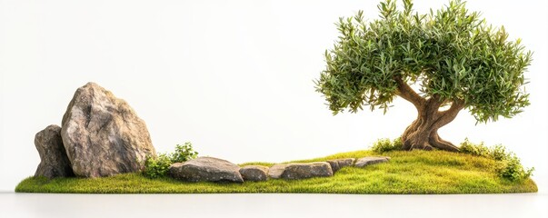 Fototapeta premium A small, serene landscape featuring a bonsai tree, rocks, and a winding stone path on green grass.