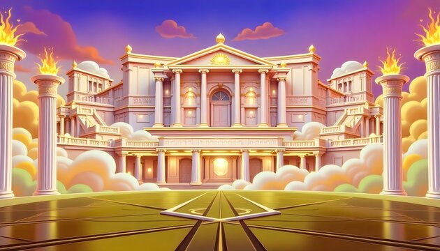The majestic Temple of Olympus with burning torches at sunset