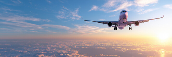 Wide angle shot of a passenger plane flying above the clouds and a clear sky, shot in high resolution ,sunrise,takeoff,landing,aeroplane, jet.