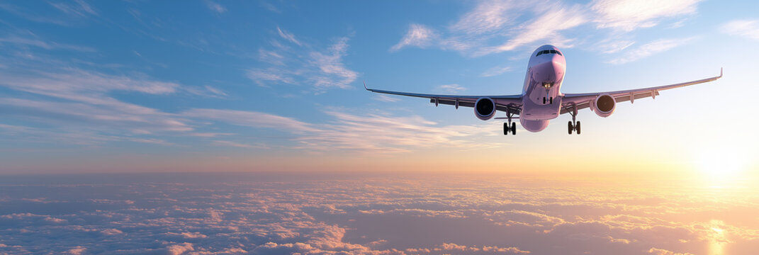Wide angle shot of a passenger plane flying above the clouds and a clear sky, shot in high resolution ,sunrise,takeoff,landing,aeroplane, jet.
