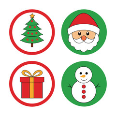 Christmas Icon Set Santa, Tree, Gift, Snowman Circle Vector Art. Christmas Holiday Icons. 