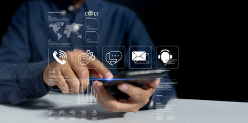 Support service concept, Businessman call center provides customer support service through headset communication, offering help assistance for client satisfaction using professional crm system