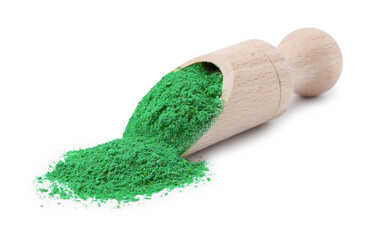 Superfood. Light green powder and scoop isolated on white