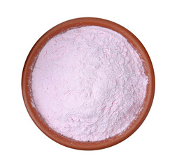 Superfood. Acerola powder in bowl isolated on white, top view