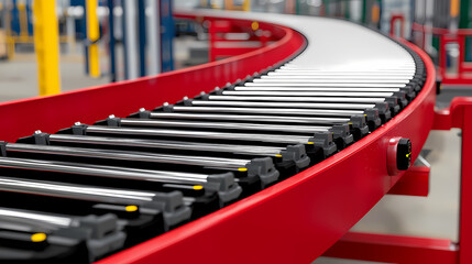 Obraz premium A curved industrial conveyor system with metal rollers, designed for efficient material handling in a warehouse or factory environment.