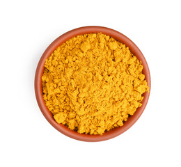 Superfood. Turmeric powder in bowl isolated on white, top view